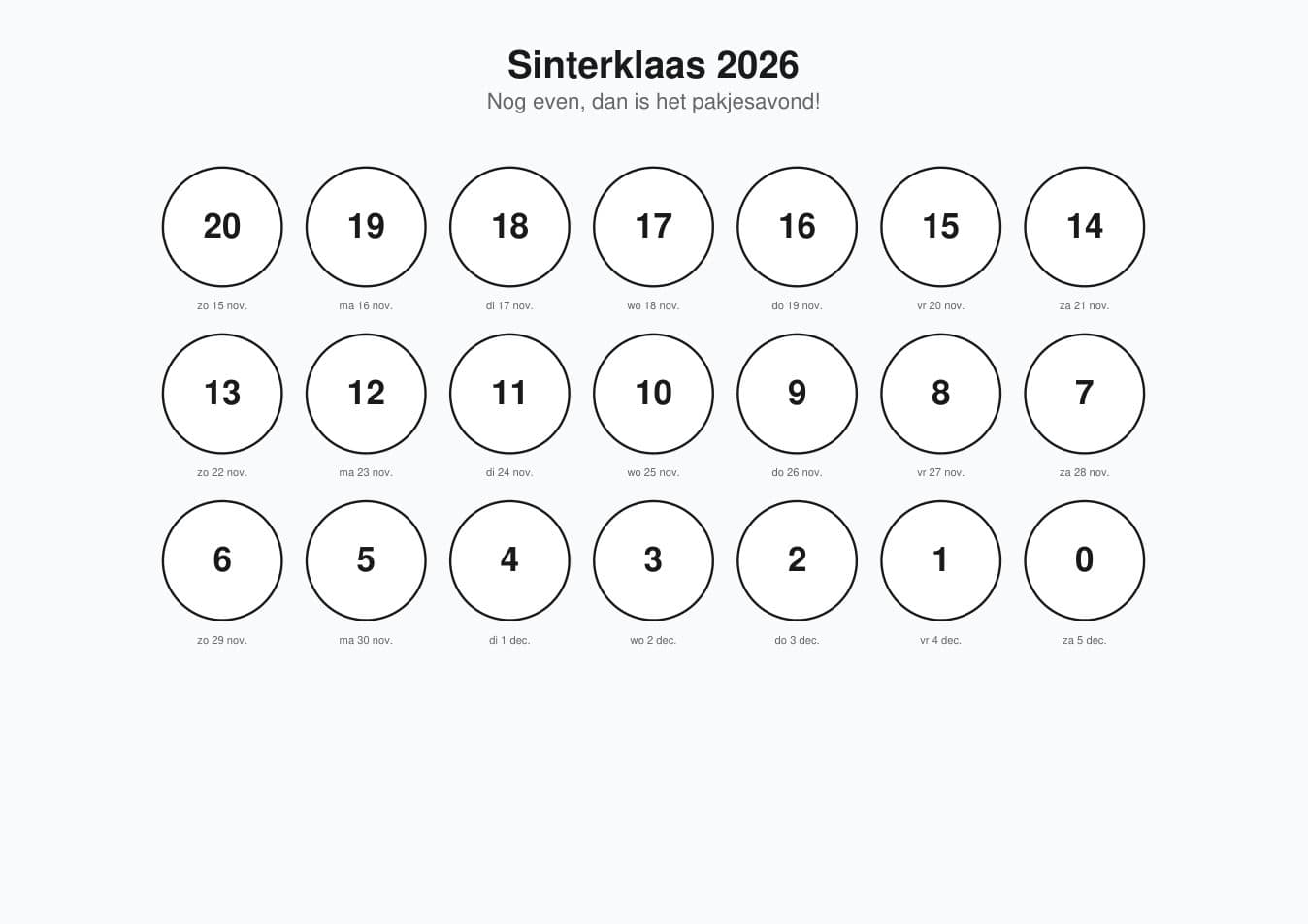 Sinterklaas aftelkalender 2026 met 21 vakjes van 15 november tot pakjesavond 5 december