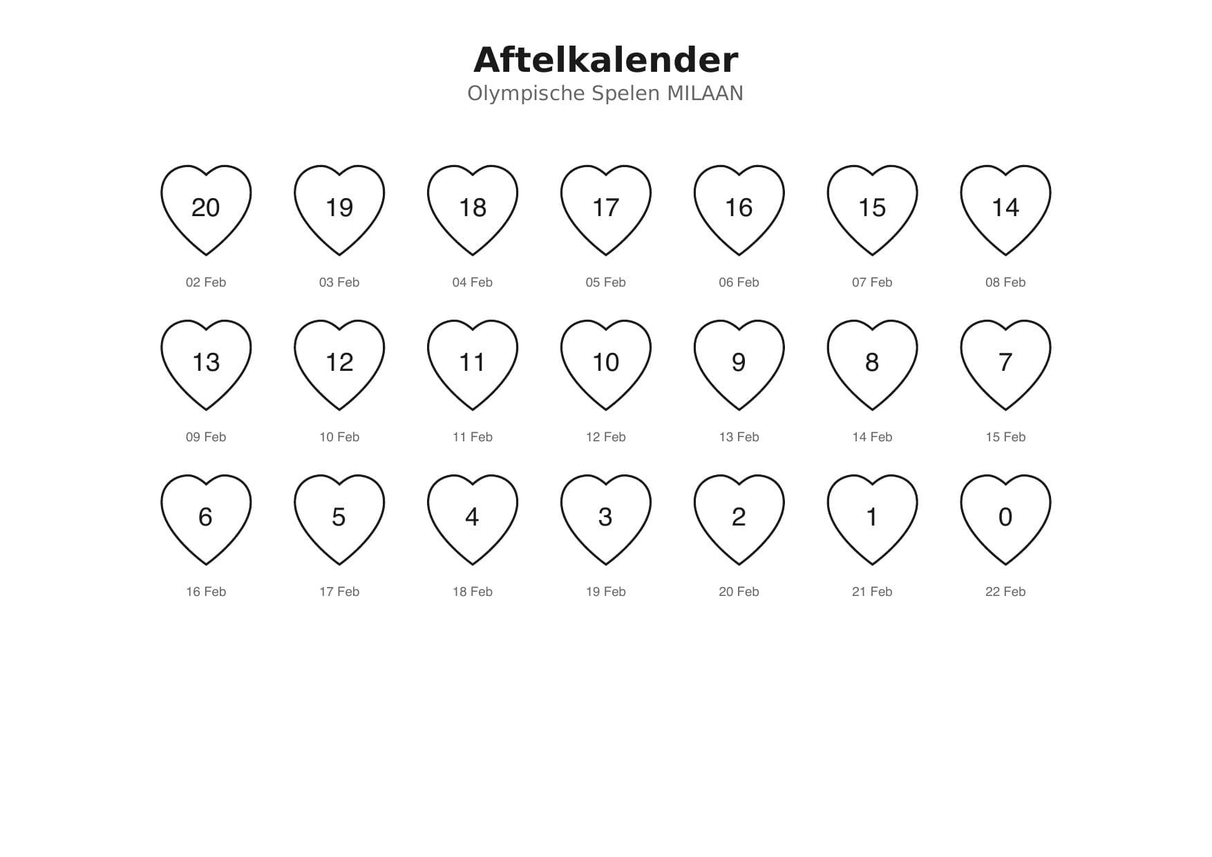 Aftelkalender Olympische Spelen met hartjes