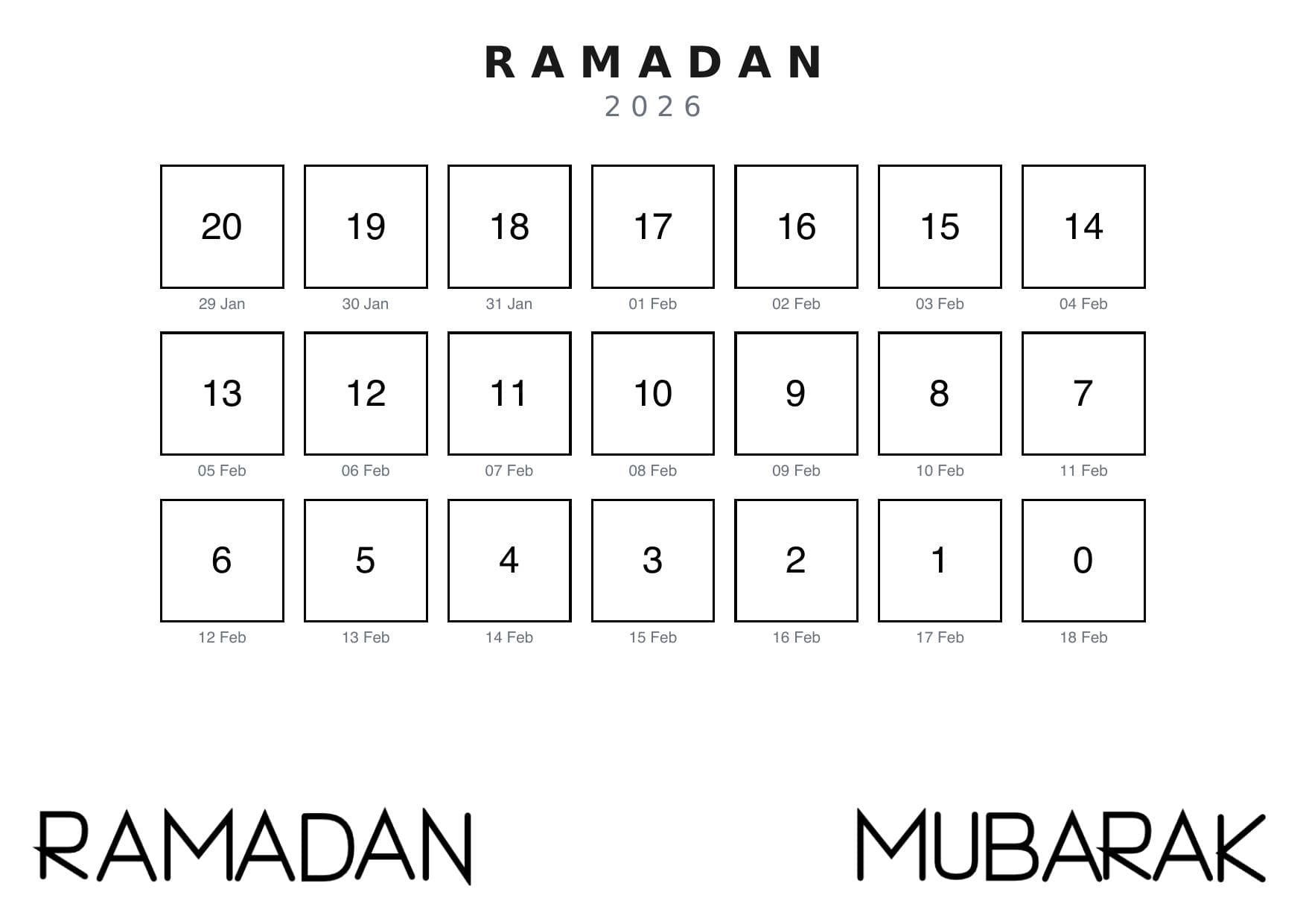 Aftelkalender Ramadan met vierkantjes en doodles