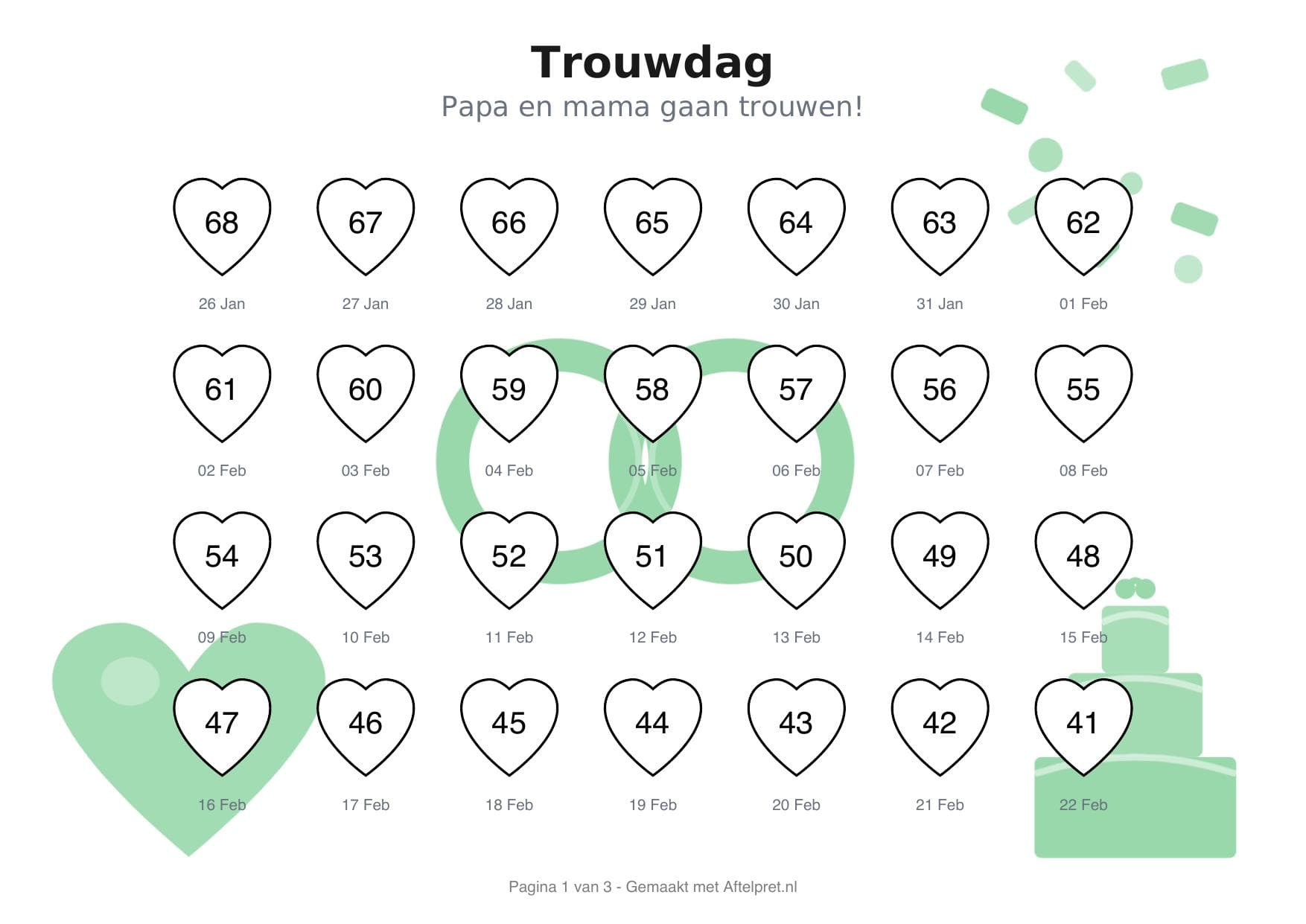 Aftelkalender trouwen met hartjes en tekeningen