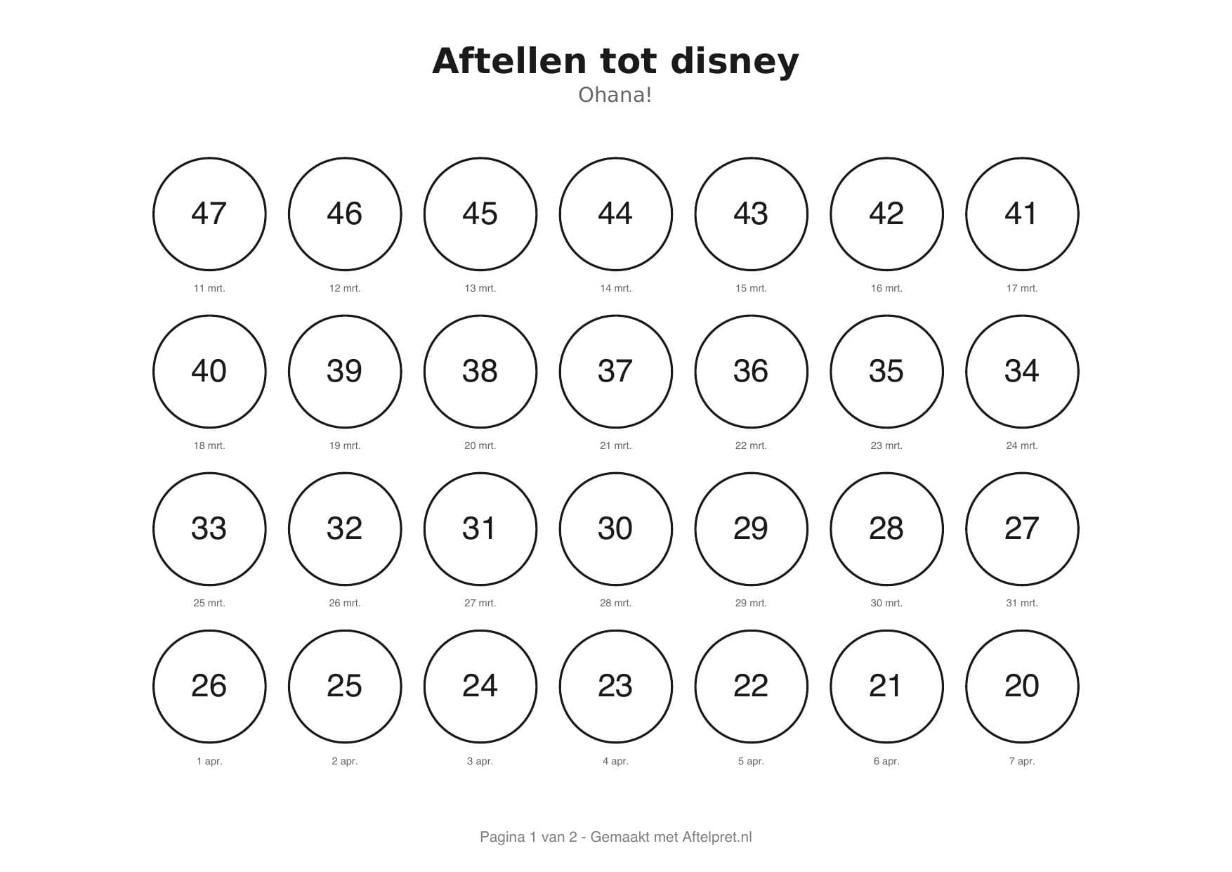 Aftelkalender uitje Disney met cirkels