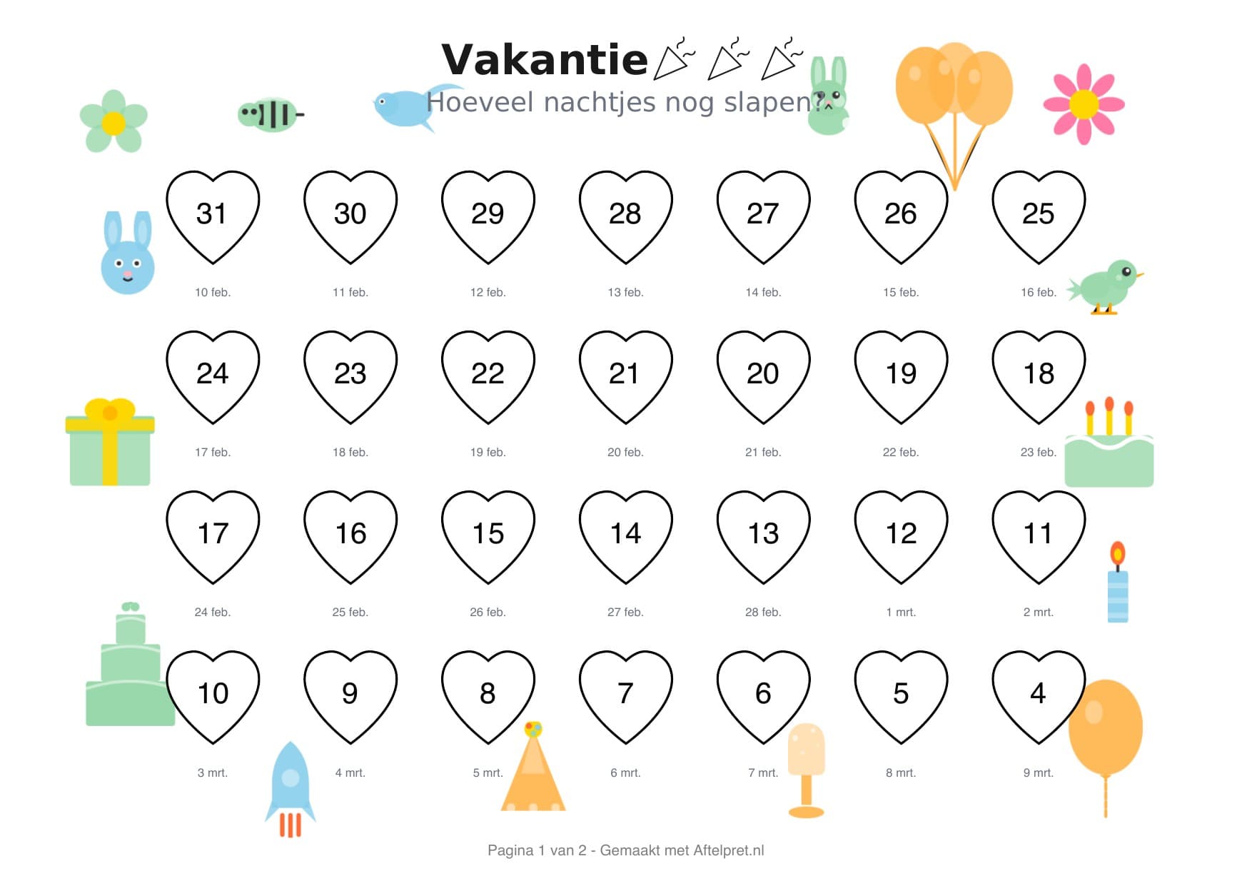 Aftelkalender vakantie met hartjes en gekleurde doodles
